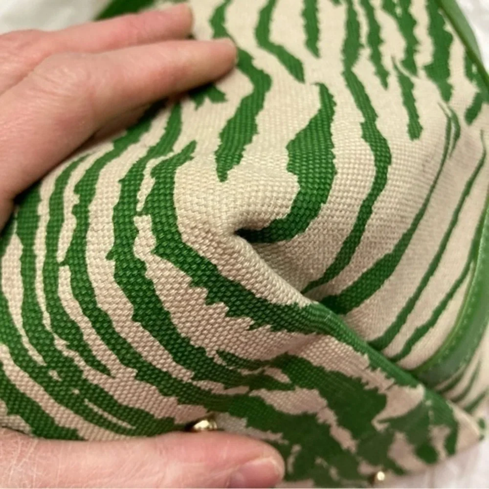Kate spade green zebra canvas and leather vintage tote bag